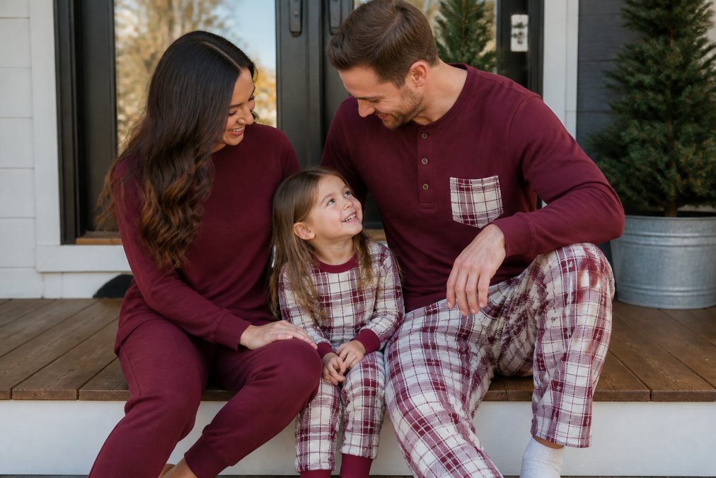 A family of three, a mother, father, and young child, in coordinating but not identical loungewear mixing solid burgundy and a subtle plaid pattern, posed casually on a wooden porch step in soft morning light