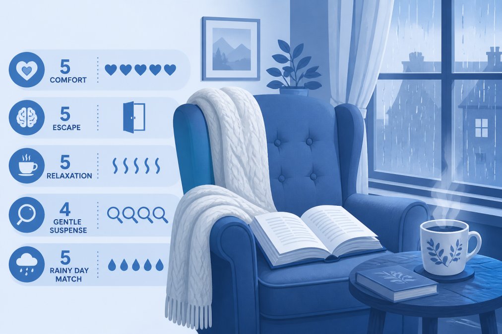 Cosy reading nook by a rain-streaked window with an upholstered armchair draped in a cream wool blanket, an open hardcover book resting on the seat, a steaming mug of tea on a wooden side table, soft afternoon light filtering through the glass