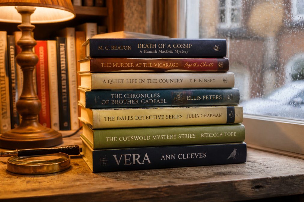 Stack of cozy mystery hardcover books arranged on a weathered wooden shelf with warm lamplight illuminating the spines and covers, including visible titles and author names, creating a curated collection aesthetic