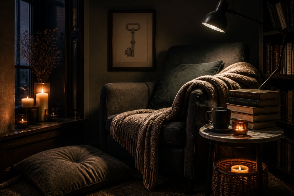 Infographic checklist of cozy reading nook essentials featuring a styled chair, lamp, books, and tea.
