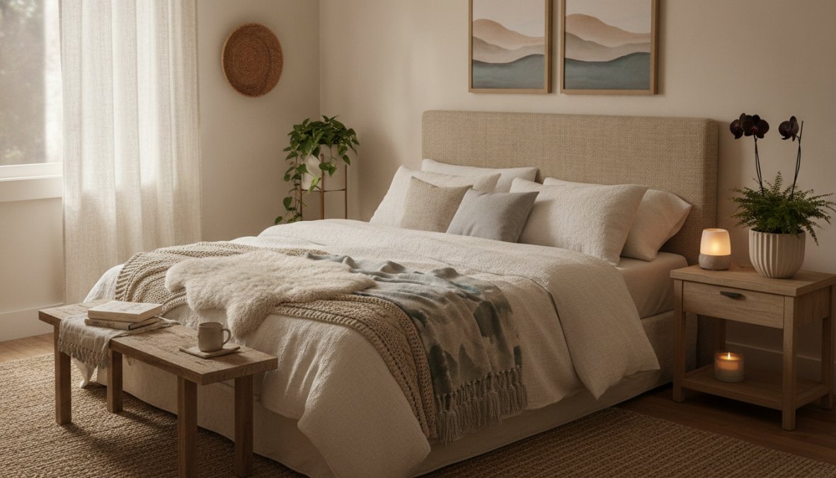 A serene bedroom sanctuary with warm layered lighting from bedside lamps, plush neutral-toned bedding with multiple throw pillows, a soft area rug, potted snake plant on nightstand, and soft cream-colored curtains filtering natural light