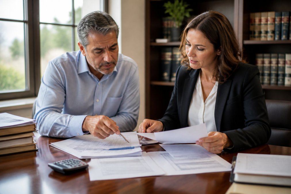 A financial advisor and a real estate investor reviewing property documents and tax forms together at a polished wooden desk, natural window light across the papers