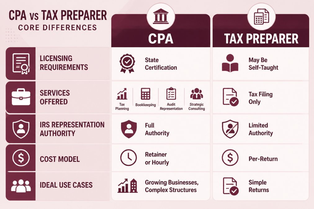 Comparison matrix showing CPA vs Tax Preparer: licensing requirements (CPA requires state certification vs preparer may be self-taught), services offered (CPA: tax planning, bookkeeping, audit representation, strategic consulting vs preparer: tax filing only), IRS representation authority (CPA: full authority vs preparer: limited), cost model (CPA: retainer or hourly vs preparer: per-return), ideal use cases (CPA: growing businesses, complex structures vs preparer: simple returns)