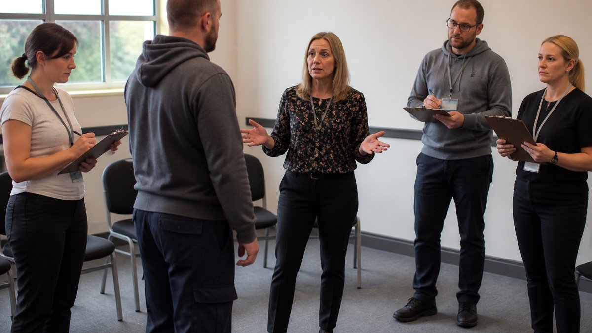 Healthcare staff practising de-escalation techniques during a Positive Handling training session in a bright UK venue.