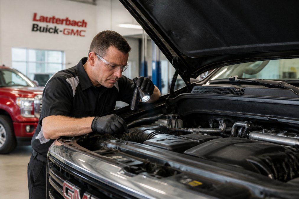 Certified technician performing comprehensive multi-point inspection on GMC truck, checking engine components under the hood with diagnostic tools and flashlight in professional service bay