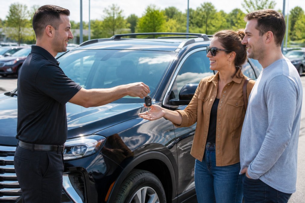 A smiling dealership salesperson handing car keys to a couple in front of a certified pre-owned SUV on a bright sunny day, with the vehicle's glossy paint reflecting the light
