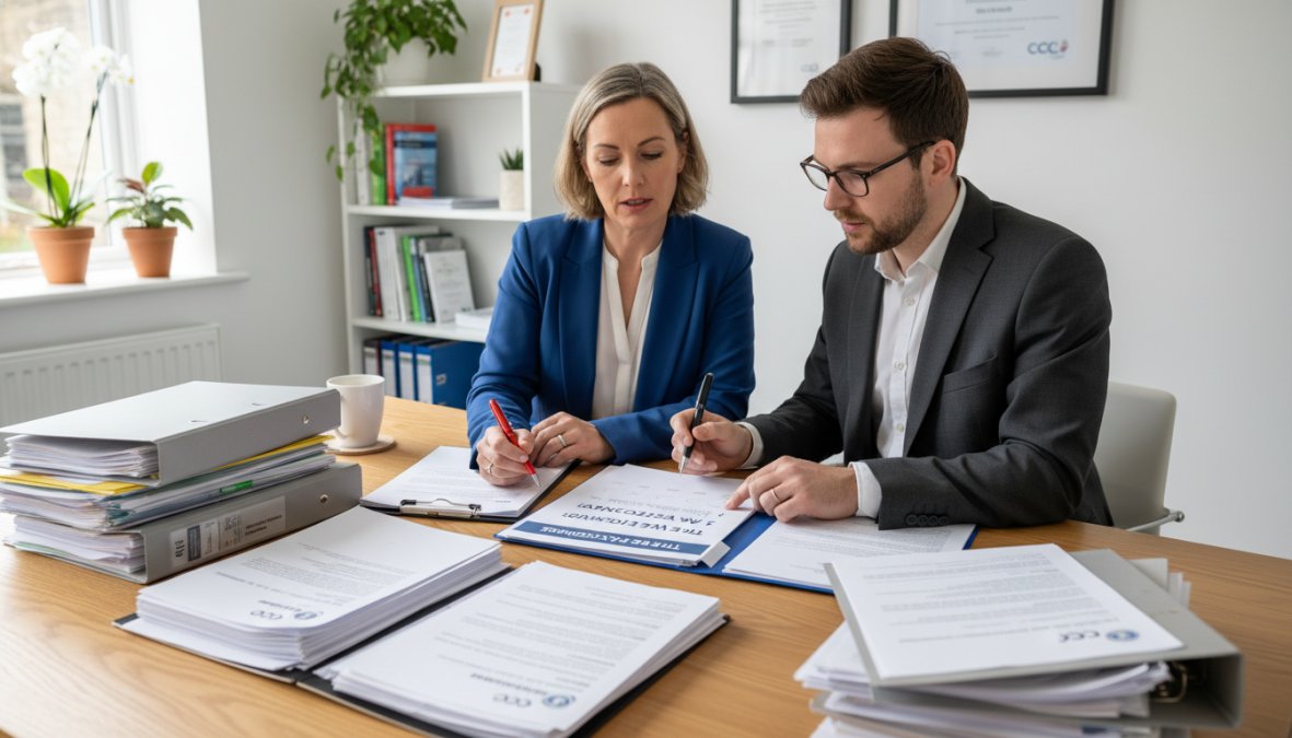 A clinic manager and a compliance officer reviewing printed documents and checklists together at a desk in a clean, professional private clinic office, with natural overhead lighting and a visible ring binder open between them