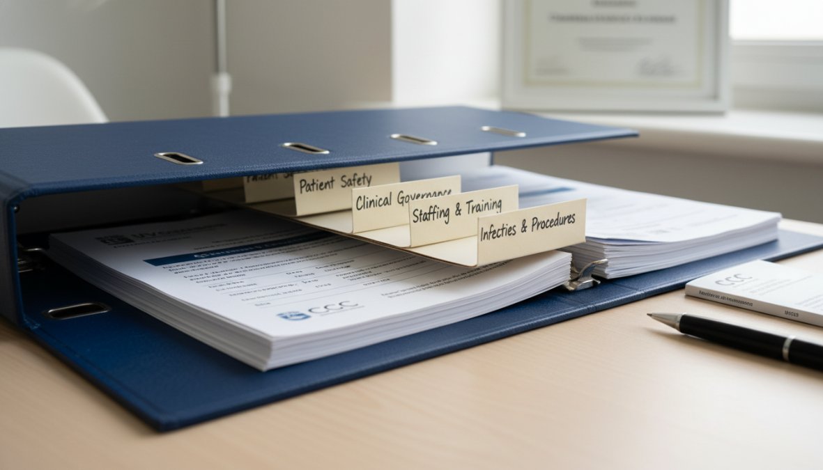 Close-up of an organised ring binder filled with colour-coded labelled dividers, printed staff training records, and clinical policy documents laid out on a wooden office desk under warm desk lamp lighting