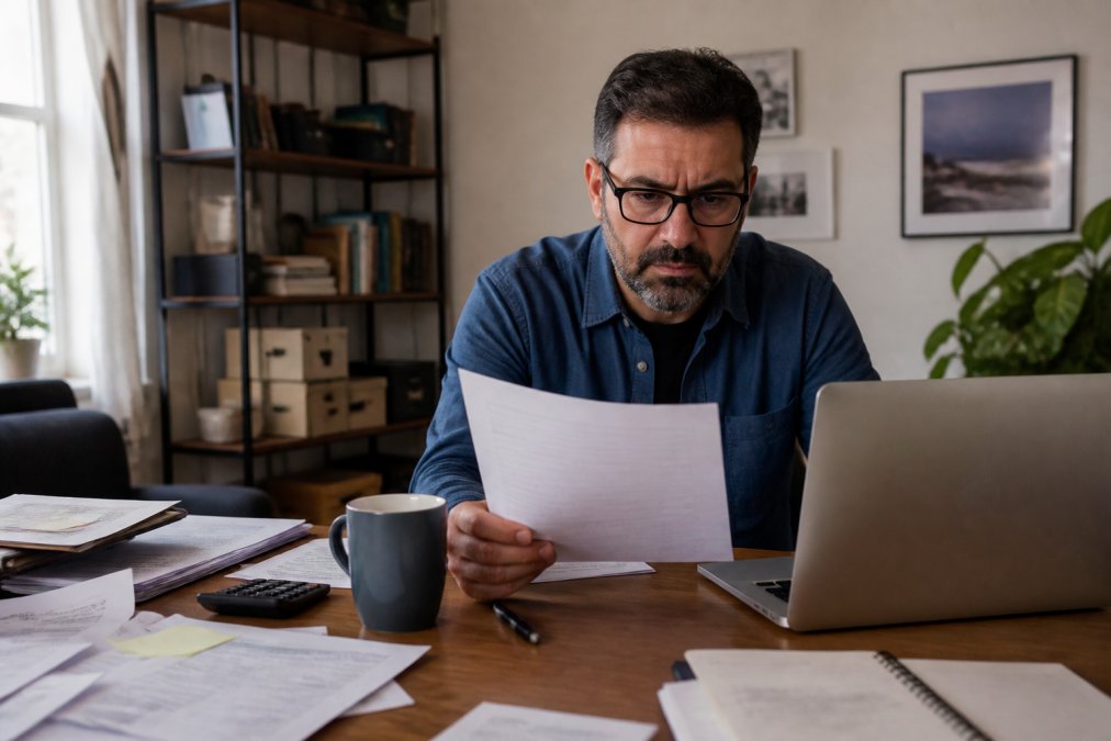 A small business owner sitting at a cluttered desk in a home office, holding a printed CRA letter and looking at a laptop screen with a concerned but focused expression, tax documents and a coffee mug nearby