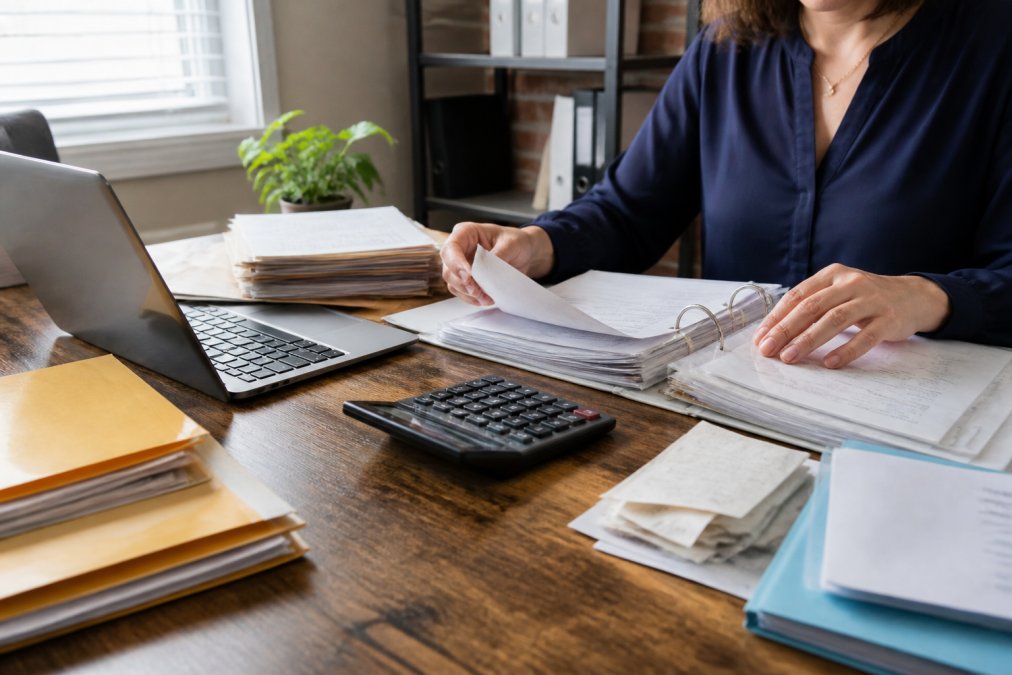 Business owner organizing financial documents, receipts, and folders at a desk with a calculator and laptop visible, natural office lighting