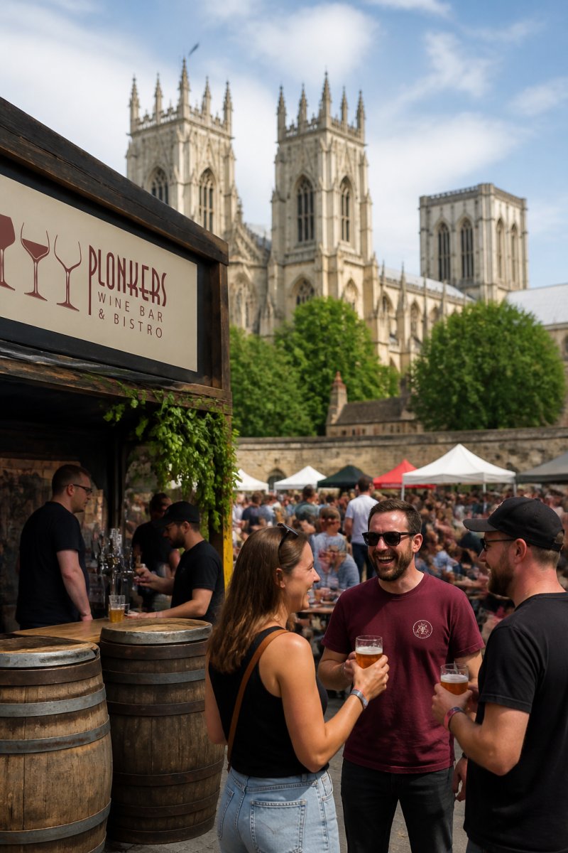 People enjoying pints at a lively outdoor craft beer events festival in front of a historic York church