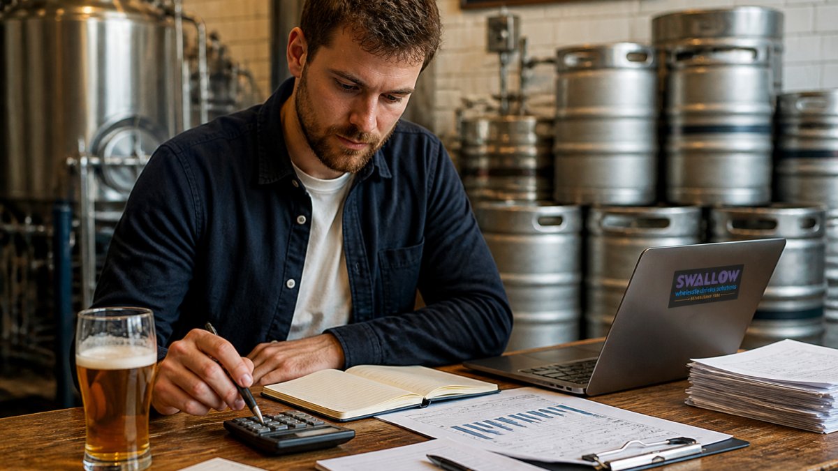 Brewery owner calculating keg costs on a laptop in a taproom with beer and stainless steel kegs nearby