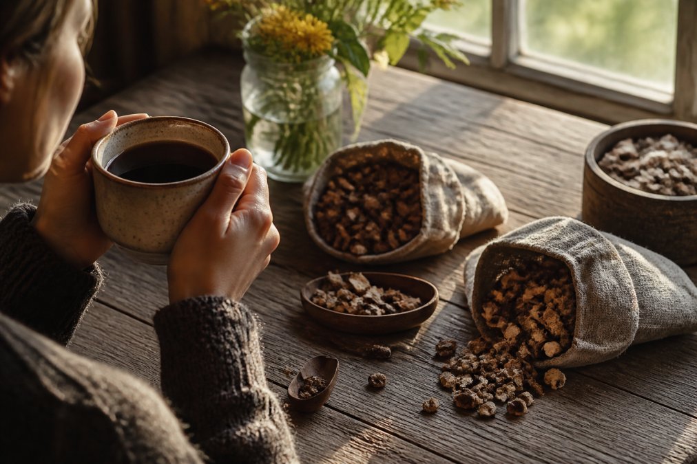 A person holding a ceramic mug of dark brewed chicory coffee, with cloth bags of roasted chicory root and dandelion root scattered on a wooden farmhouse table, warm morning light through a window