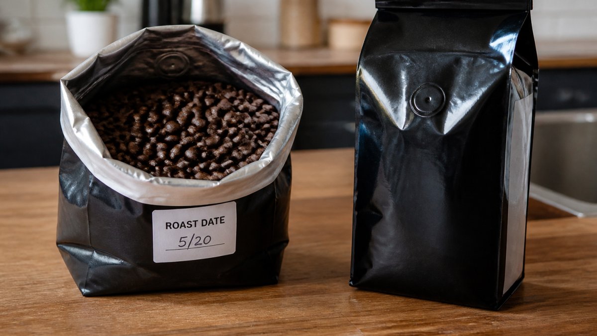 Freshly roasted coffee beans with a clear date next to a grocery store bag lacking a roast date label