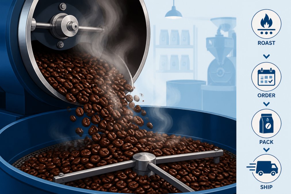 Close-up of freshly roasted coffee beans cascading from a roasting drum with visible steam rising, showing deep brown color and glossy surface in a professional roastery setting
