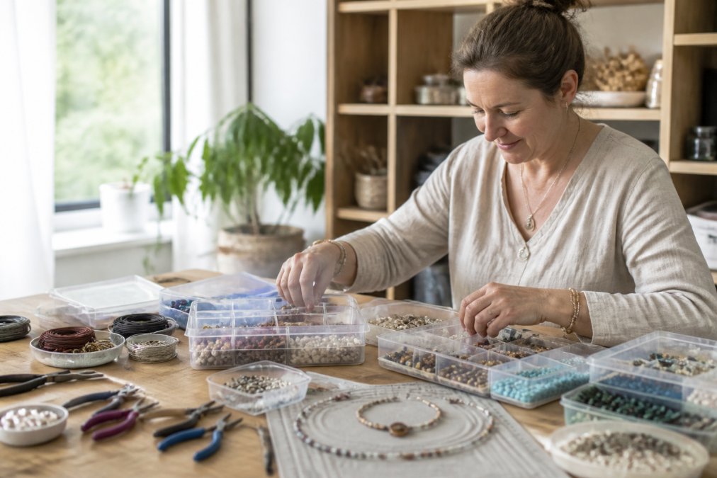 Process of organizing materials from craft supply shops into labeled storage containers for hobbyist projects.