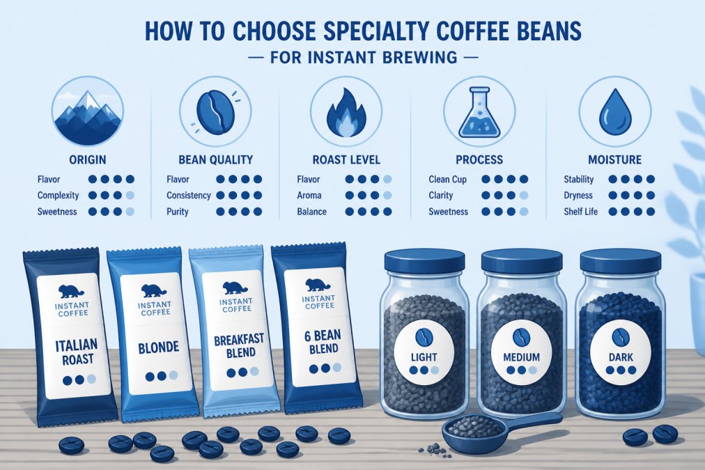 Close-up of specialty coffee sachets and instant coffee powder in glass jars, with whole beans scattered nearby on a wooden surface, natural morning light streaming across a wooden table