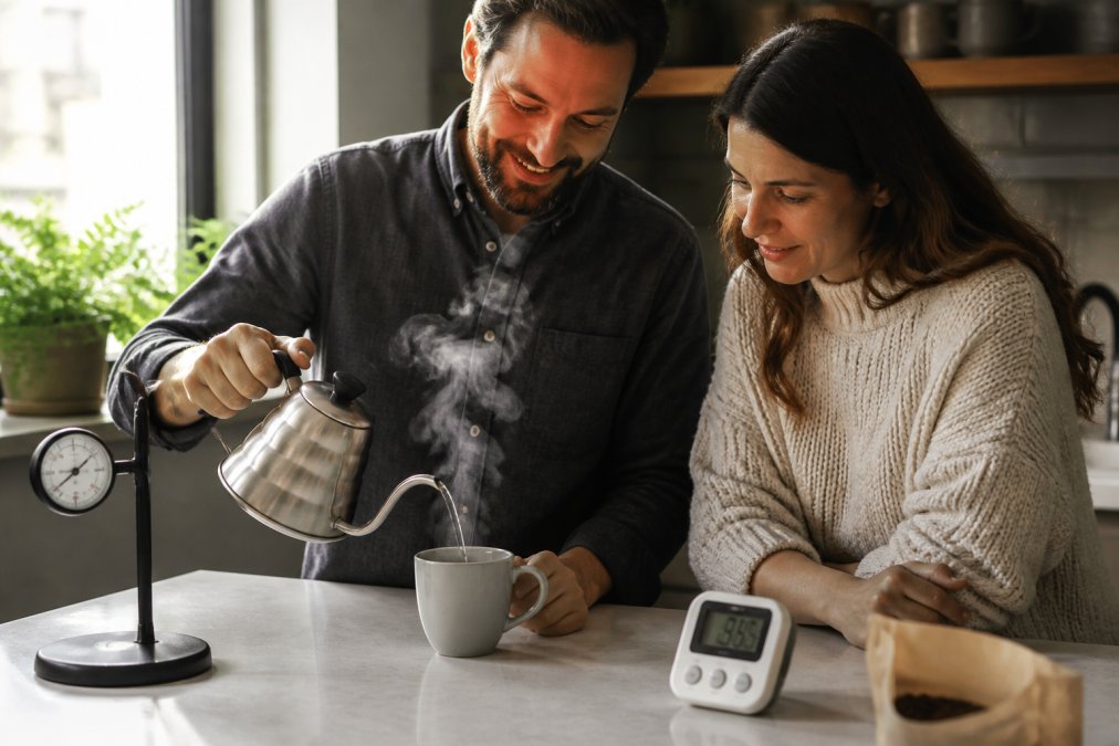 Hands pouring hot water from a kettle into a mug containing instant coffee, steam rising visibly, with a timer and thermometer visible on a minimalist kitchen counter with natural morning light