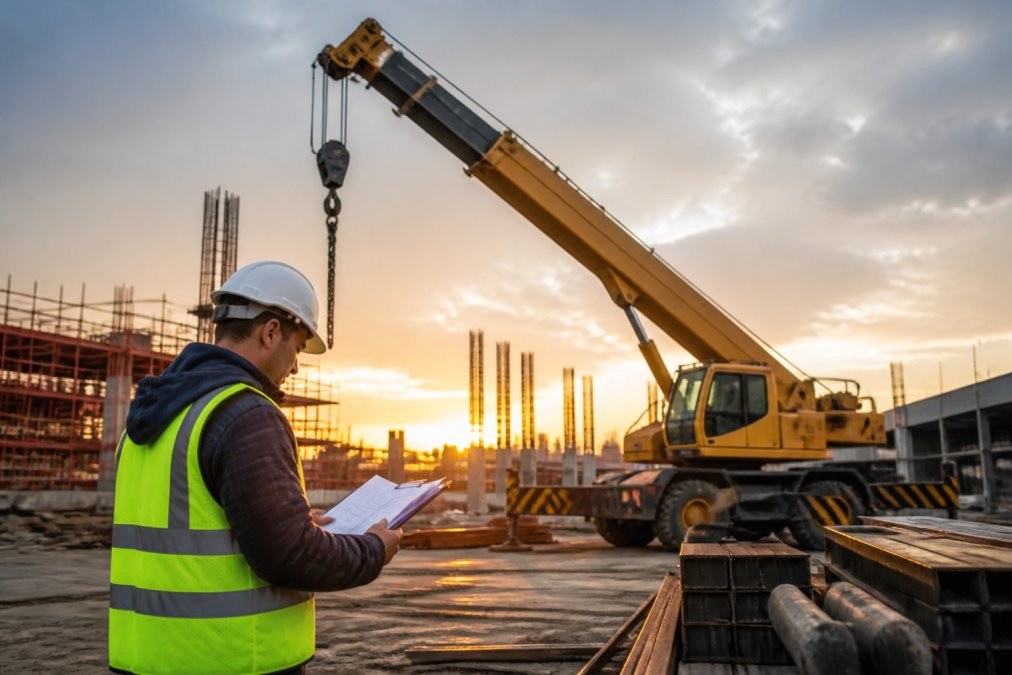 A modern telescopic crane towering over a construction site at sunrise, with a contractor in a hard hat and safety vest reviewing paperwork in the foreground