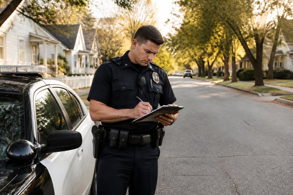 Professional illustration showing police and officer and writing concepts for crash report narrative