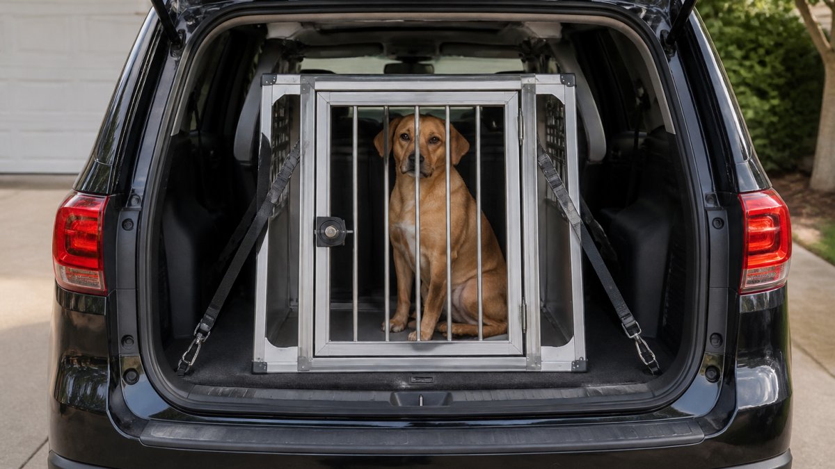 A medium-sized dog sitting calmly inside a heavy-duty aluminum travel crate secured in the cargo area of an SUV, with tie-down straps visible and the tailgate open in a driveway