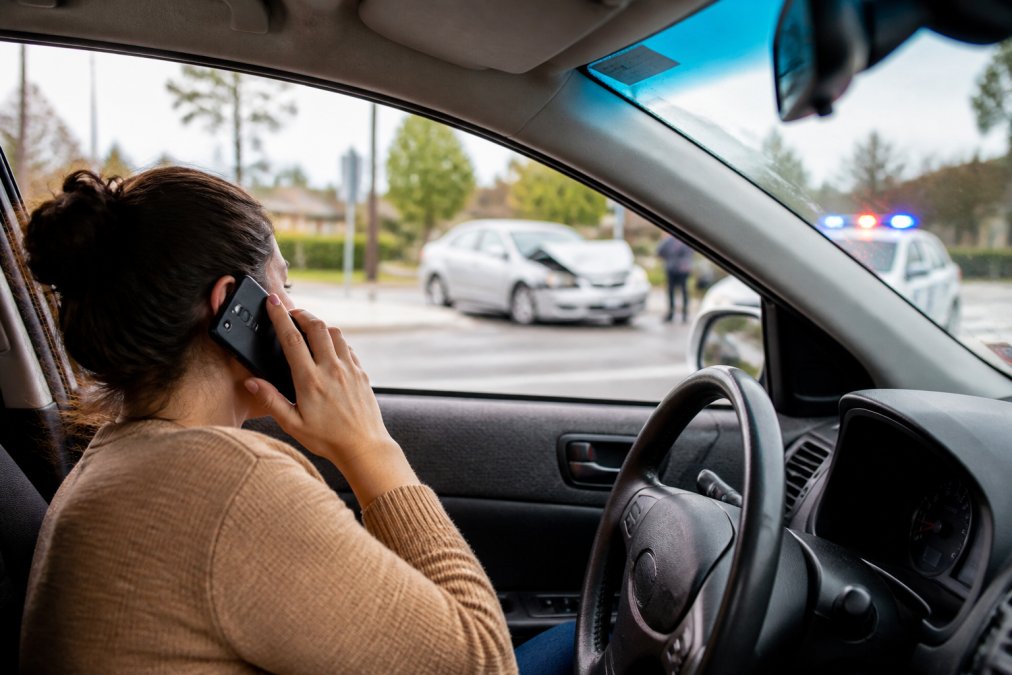 Driver sitting in damaged vehicle holding mobile phone to call insurance company, with police vehicle visible in background and accident scene visible through windscreen