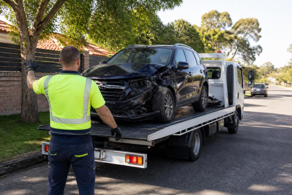 Tow truck operator securing damaged vehicle on flatbed with professional in high-visibility clothing directing process, bright daylight on suburban street