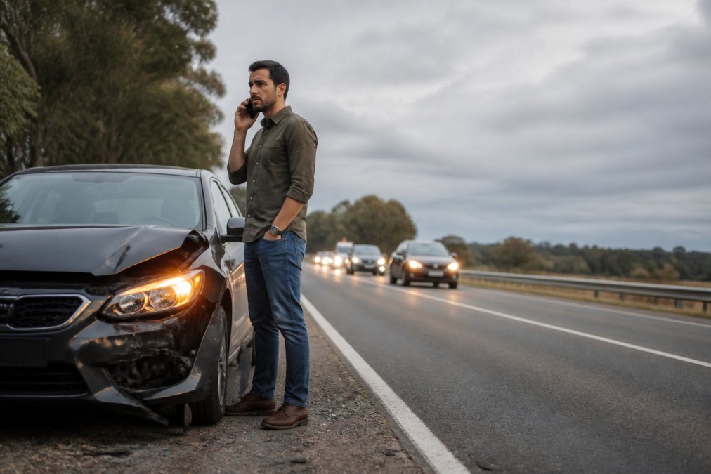Driver standing beside a damaged vehicle on the roadside, making a phone call to report the accident, with hazard lights flashing and overcast sky