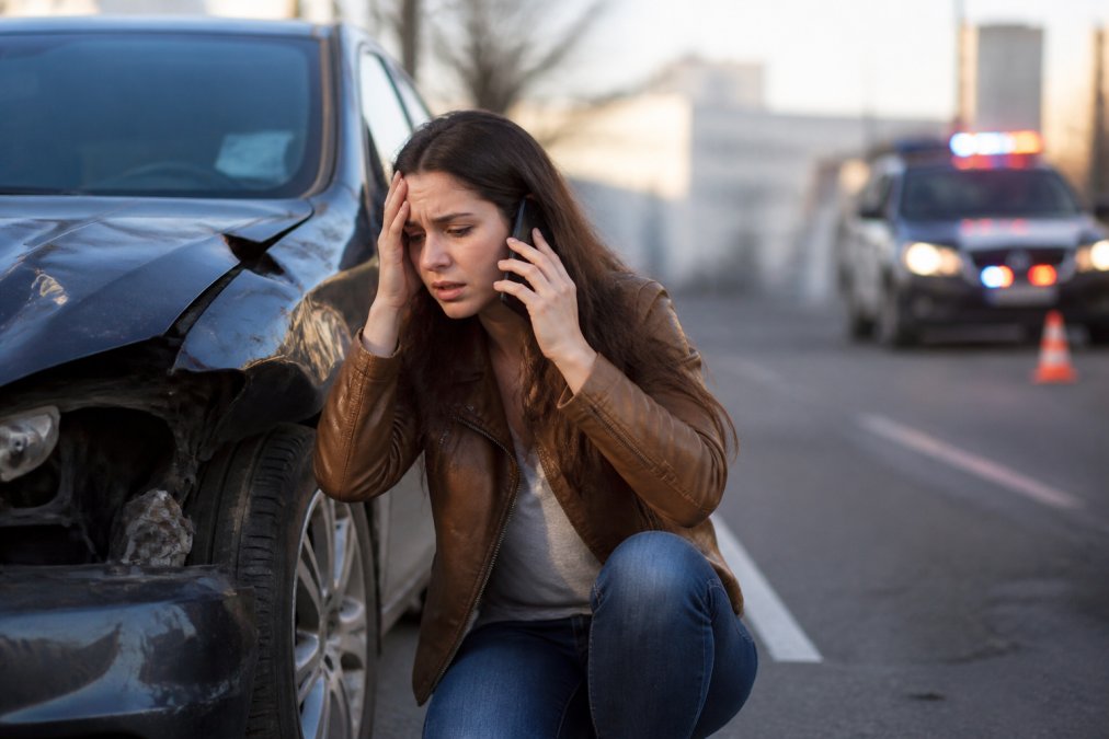 Driver making urgent phone call from inside damaged vehicle on roadside, stressed expression, daylight, urban setting with emergency lights visible in background