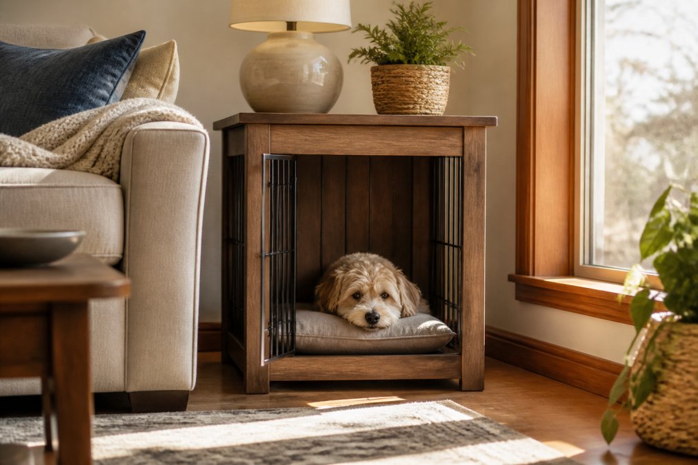 A small dog resting peacefully in a wooden end-table style dog crate positioned beside a living room sofa, with warm afternoon light streaming through nearby windows, showing how the furniture-style crate blends seamlessly into apartment decor