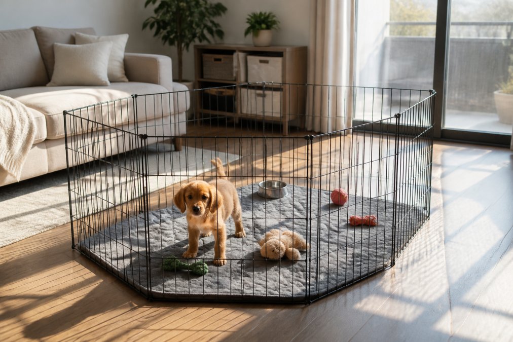 A foldable exercise pen set up in a small apartment living room with a young dog playing inside on a soft mat, toys scattered within the pen, and morning light creating distinct shadows on the floor