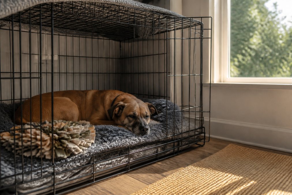 A rescue dog lying peacefully in a well-prepared crate with soft grey bedding, a snuffle mat visible inside, warm natural light streaming through a nearby window creating a calm, inviting atmosphere