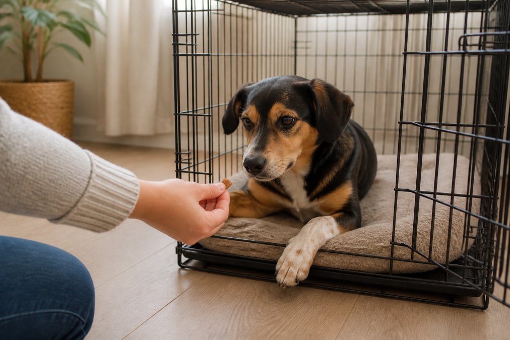 A person's hand offering a small treat to a calm rescue dog at the open crate door, the dog showing relaxed ears and a soft expression, natural indoor lighting