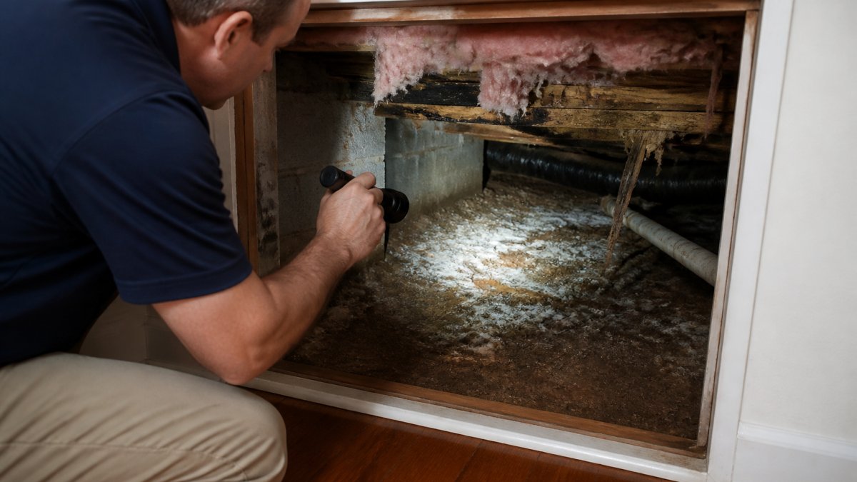 A homeowner with a flashlight kneeling at an open crawl space hatch, pointing the beam at white mold growth and sagging insulation on the floor joists