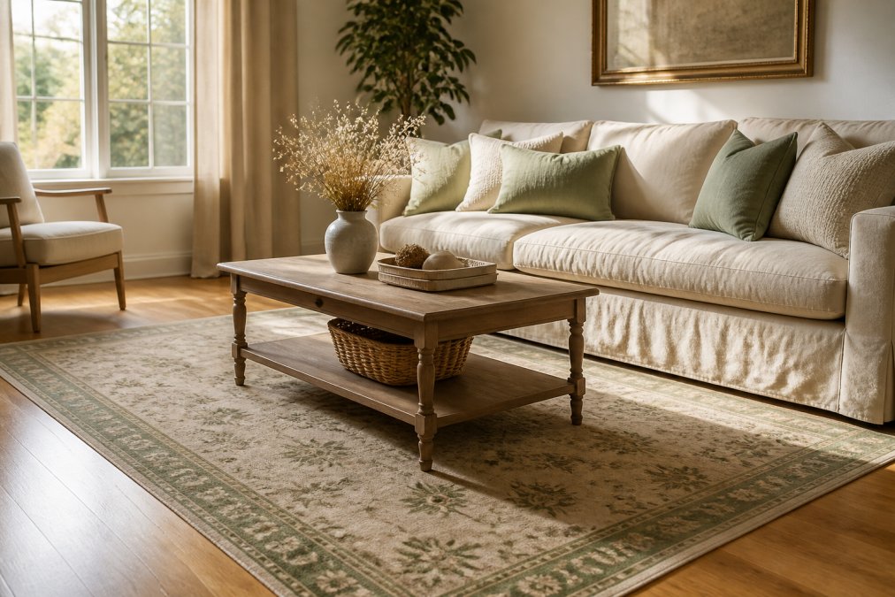 Infographic showing styling tips for a cream and green rug in a sunlit living room with neutral furniture