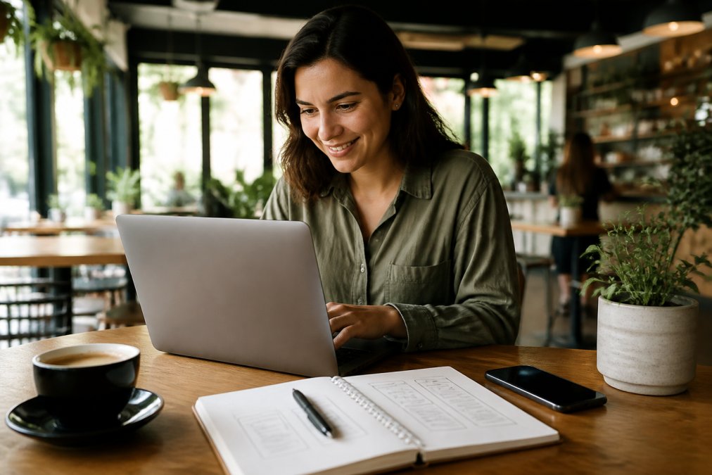 Una persona sonriente trabajando en un portátil en una cafetería moderna, con un smartphone mostrando una interfaz de app en la mesa junto a una libreta con bocetos de una aplicación móvil