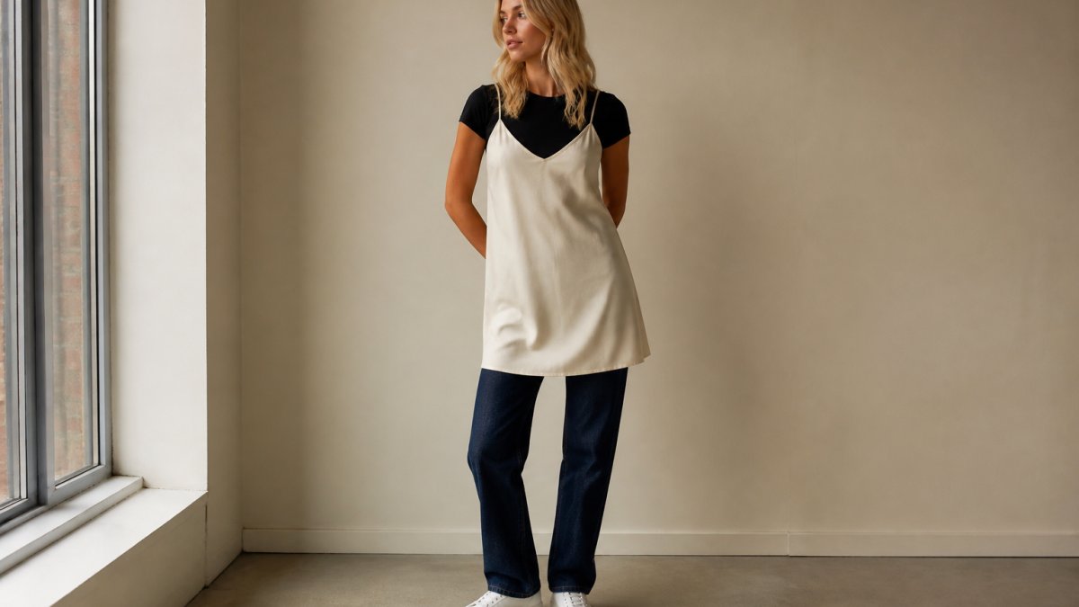 Person wearing layered 90s minimalist outfit with cream slip dress over black fitted tee, straight-leg dark-wash jeans, and white leather sneakers, standing against a neutral beige wall with natural window lighting