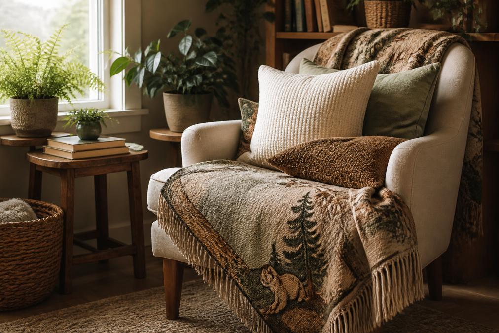 Cozy nature-inspired reading nook with a woven throw, earth-tone pillows, and lush plants in soft window light.