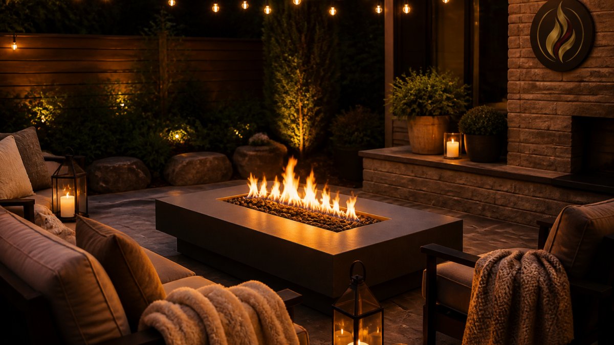 Diagram illustrating the steps to layer lighting and textiles for a cozy outdoor fire pit area.