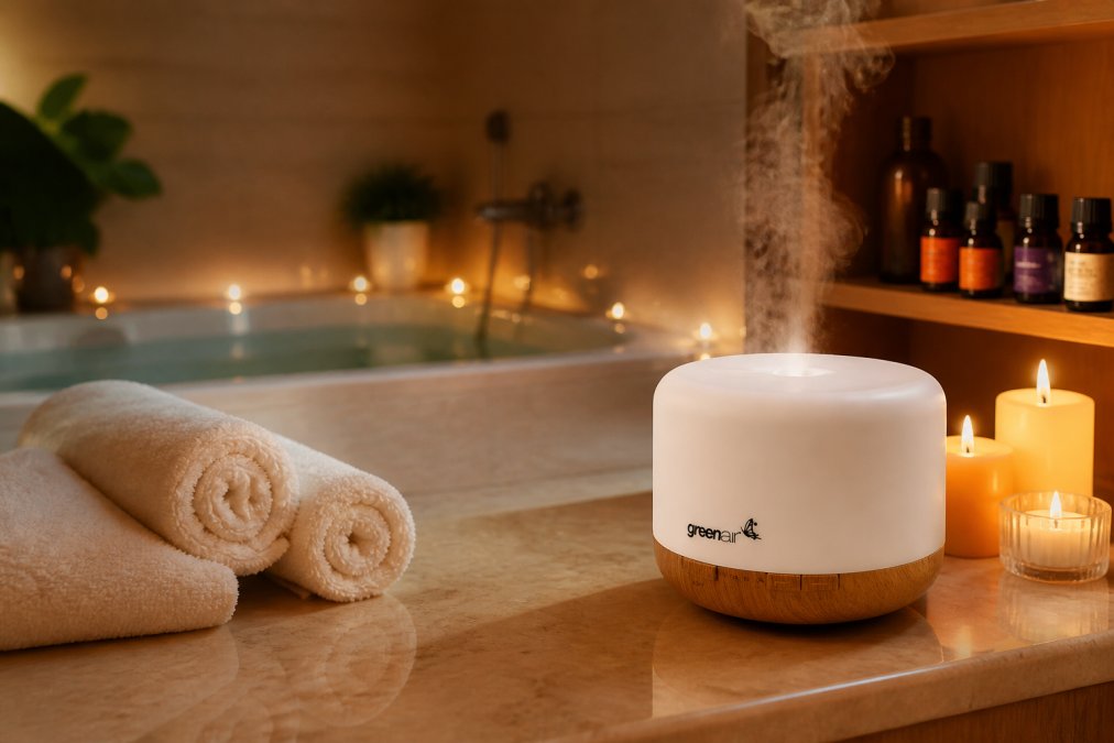 A serene bathroom with warm ambient candlelight, a diffuser releasing visible mist into soft-lit space, rolled towels on marble surfaces, and essential oil bottles arranged on a wooden shelf