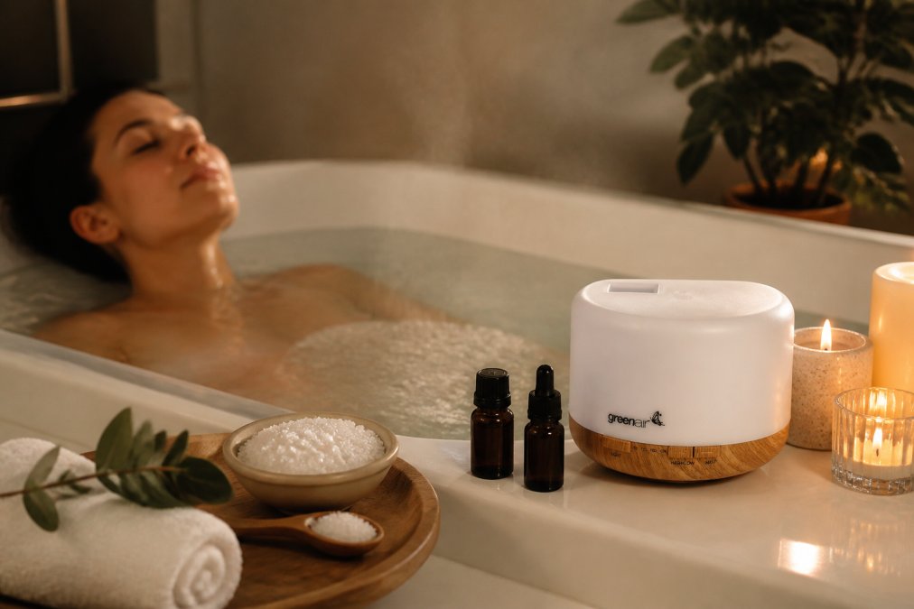 A person relaxing in a warm bathtub with visible steam rising, Epsom salts dissolving in the water, essential oil bottles arranged on the tub's edge, and soft lighting from candles nearby