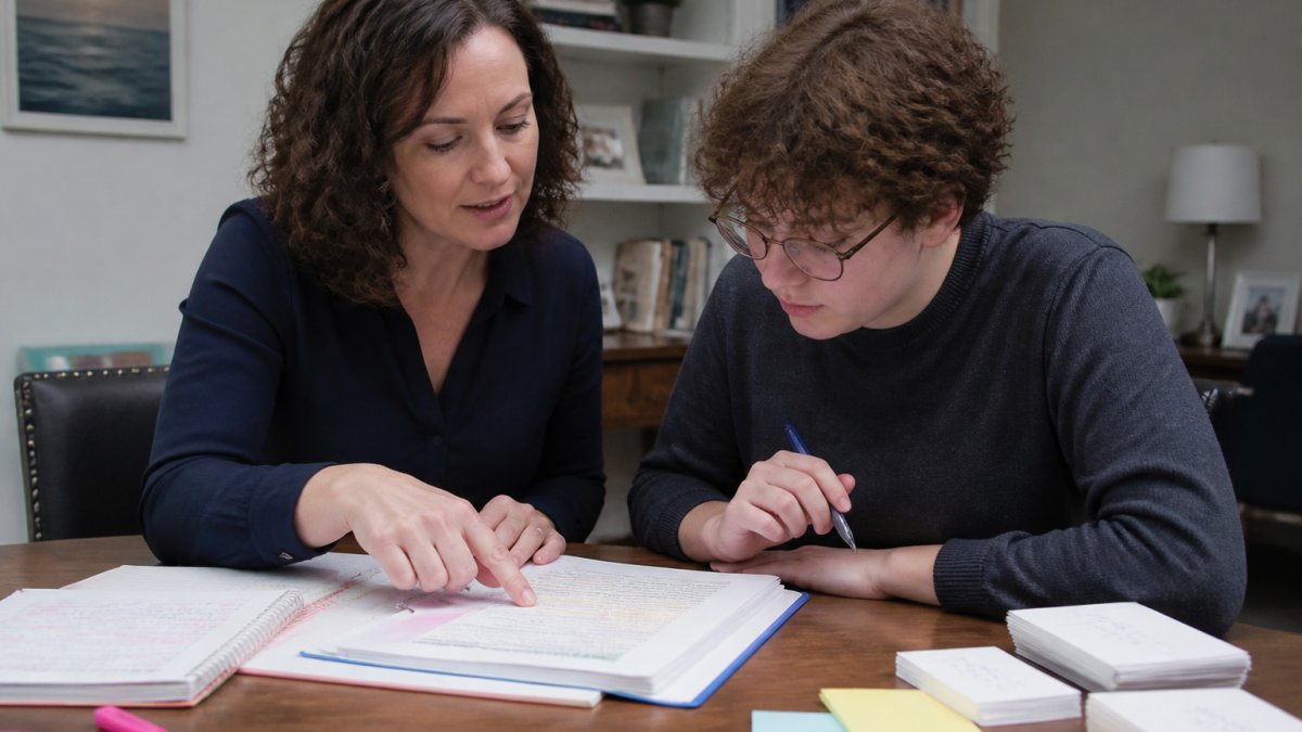 Professional demonstrating personalized study approach with neurodivergent learner at desk with visual study materials, notes, and practice questions organized in clear sections
