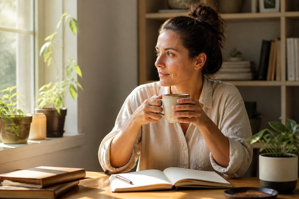 Person sitting at a home desk with a warm ceramic mug, notebook, and morning light streaming through a window, focused and calm expression