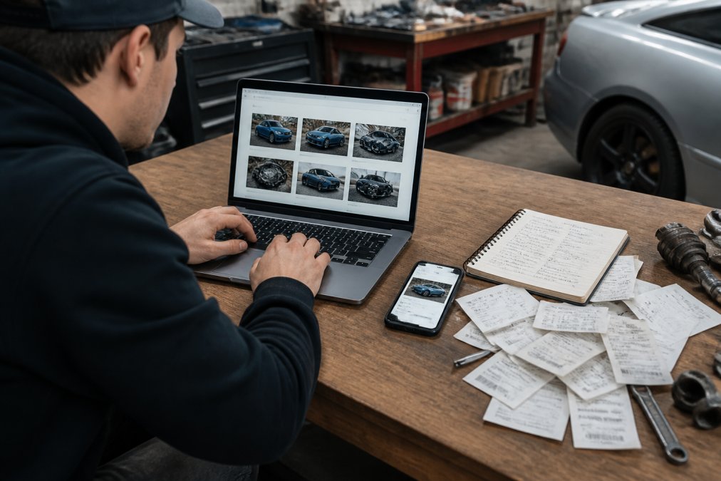 A car enthusiast sitting at a workbench with a laptop open to a digital garage app, surrounded by scattered paper receipts, a smartphone showing car photos, and a notebook with handwritten modification notes