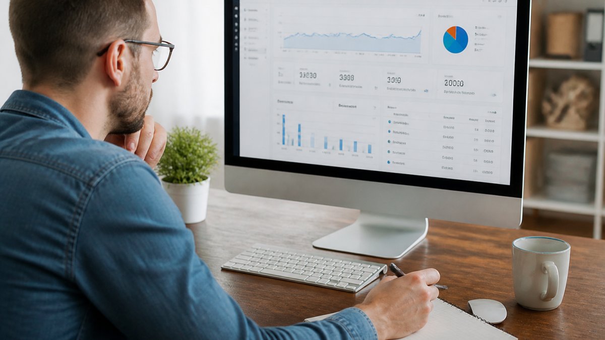 Digital marketer reviewing campaign analytics dashboard on desktop monitor, with notebook and coffee cup on desk, showing focus on branded link performance metrics and click data