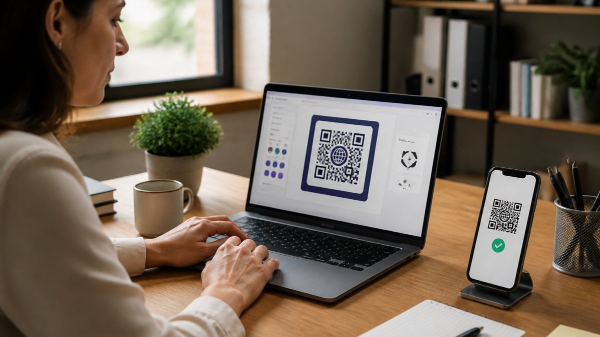 Marketing professional at desk using laptop to design a branded QR code, with smartphone nearby showing a successful scan, natural office lighting