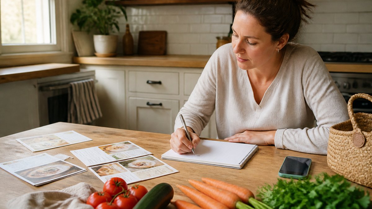 Busy parent at kitchen counter with recipe cards, notebook, and smartphone, organizing ingredients and writing grocery list notes with natural morning light