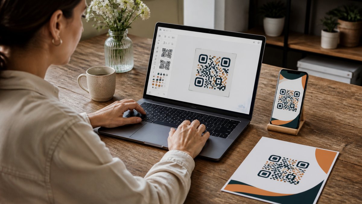 A small business owner at a wooden desk using a laptop to design a QR code on screen, with a smartphone showing a branded code and a printed flyer nearby in a bright workspace