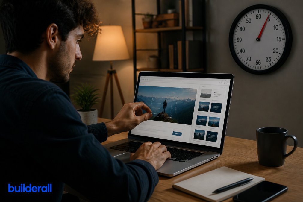 Focused entrepreneur working at desk with laptop, dragging and dropping elements on a landing page builder interface visible on screen, with a timer visible in background suggesting speed and efficiency