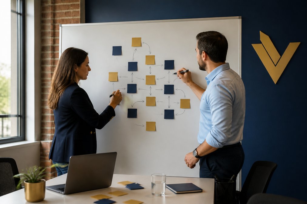 Business owners sketching a data flow map to establish a single source of truth for their operations